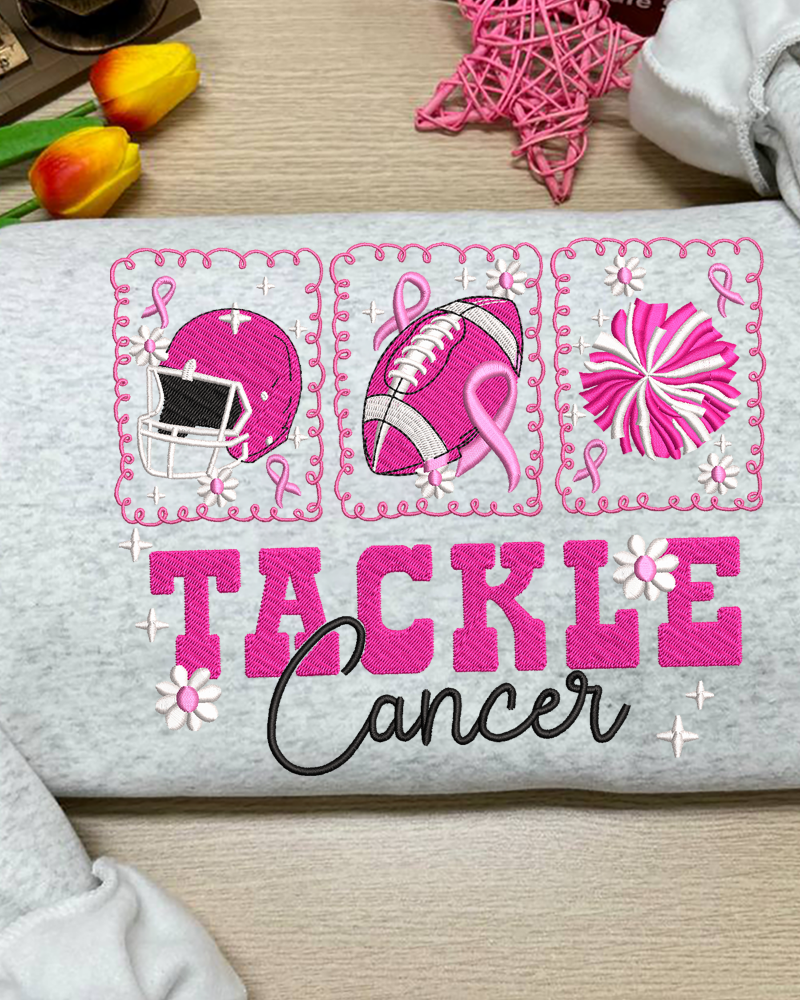 Tackle Cancer Embroidered Sweatshirt – Pink Ribbon Football Crewneck for Breast Cancer Awareness