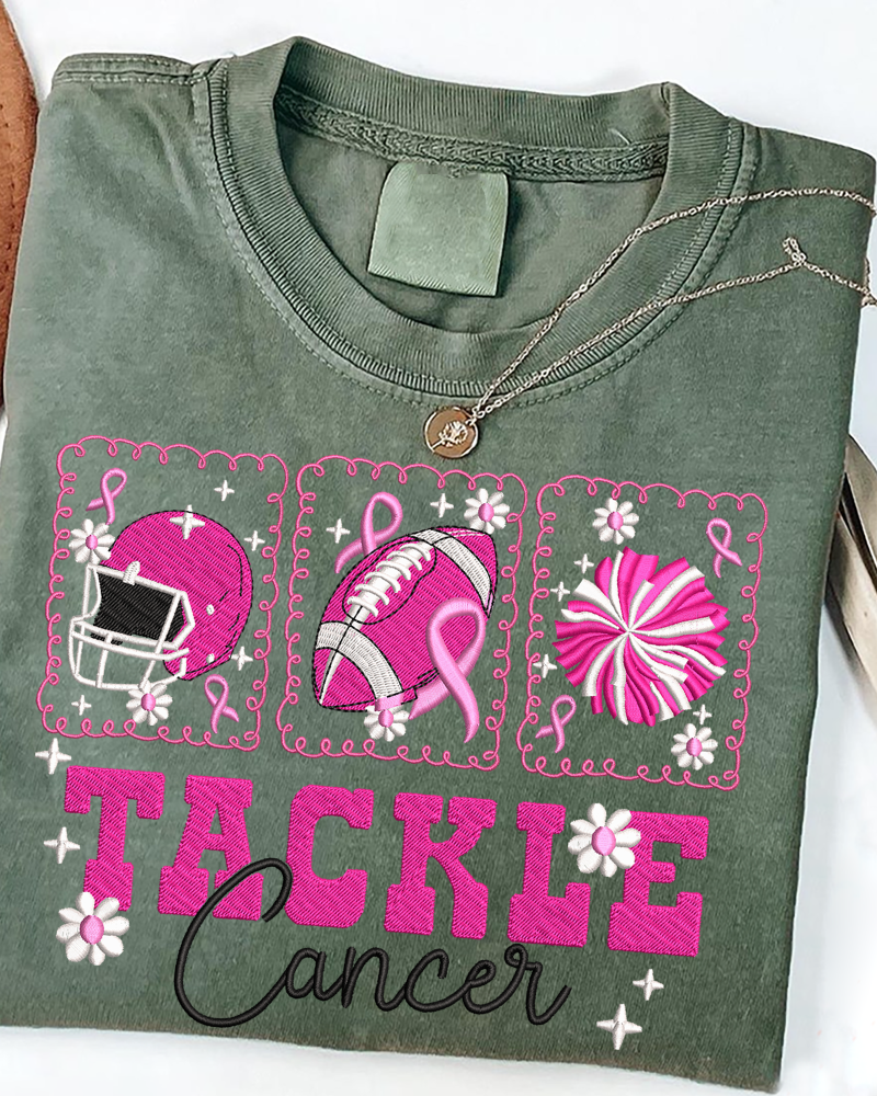 Tackle Cancer Embroidered Sweatshirt – Pink Ribbon Football Crewneck for Breast Cancer Awareness