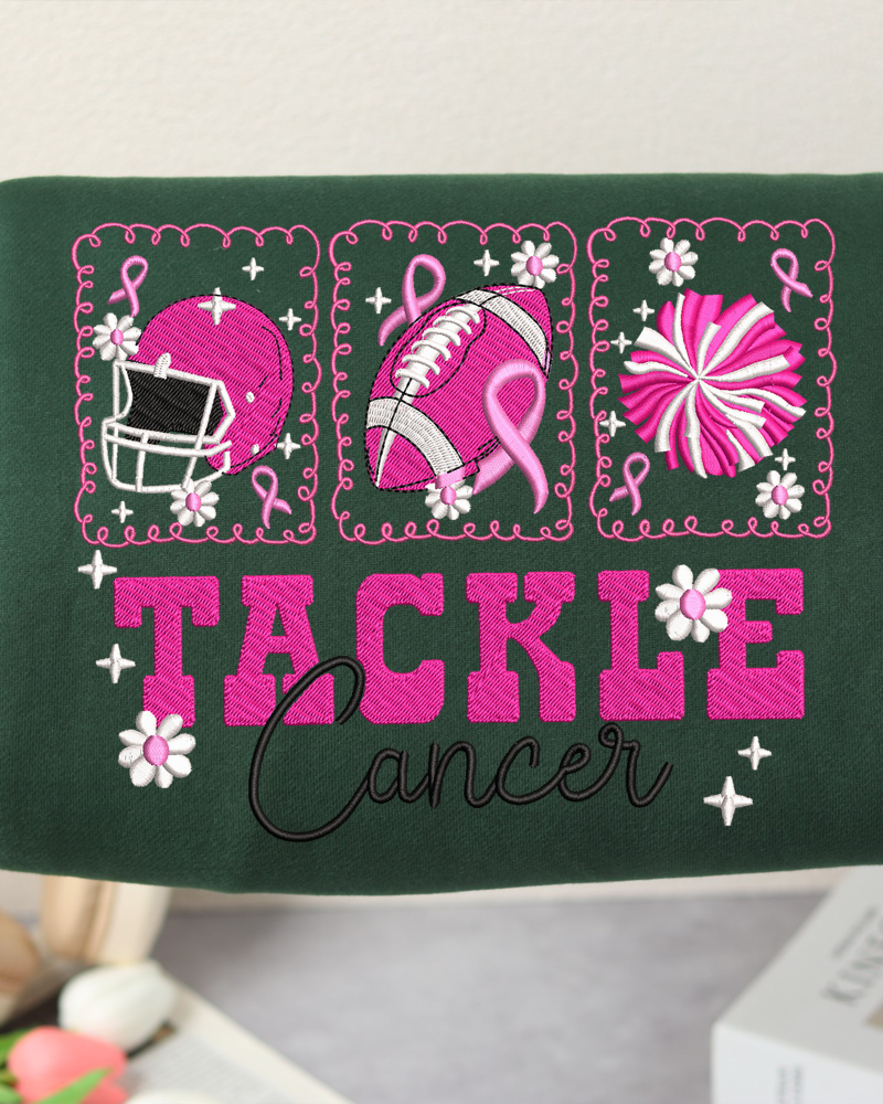 Tackle Cancer Embroidered Sweatshirt – Pink Ribbon Football Crewneck for Breast Cancer Awareness