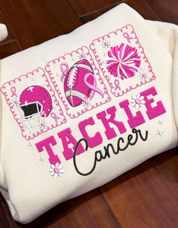 Tackle Cancer Embroidered Sweatshirt – Pink Ribbon Football Crewneck for Breast Cancer Awareness