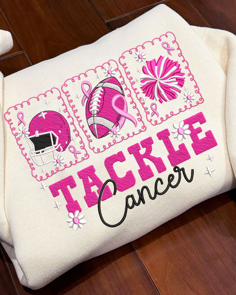 Tackle Cancer Embroidered Sweatshirt – Pink Ribbon Football Crewneck for Breast Cancer Awareness