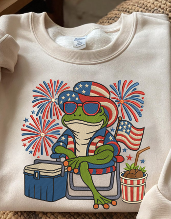 Patriotic Frog Embroidered Sweatshirt – Funny 4th of July Crewneck for Summer BBQ & Fireworks