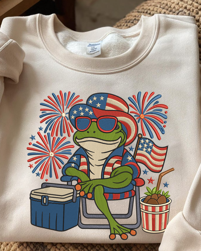 Patriotic Frog Embroidered Sweatshirt – Funny 4th of July Crewneck for Summer BBQ & Fireworks