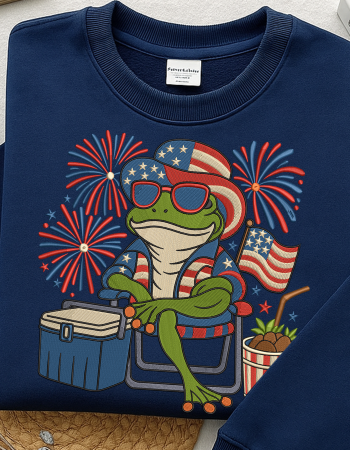 Patriotic Frog Embroidered Sweatshirt – Funny 4th of July Crewneck for Summer BBQ & Fireworks
