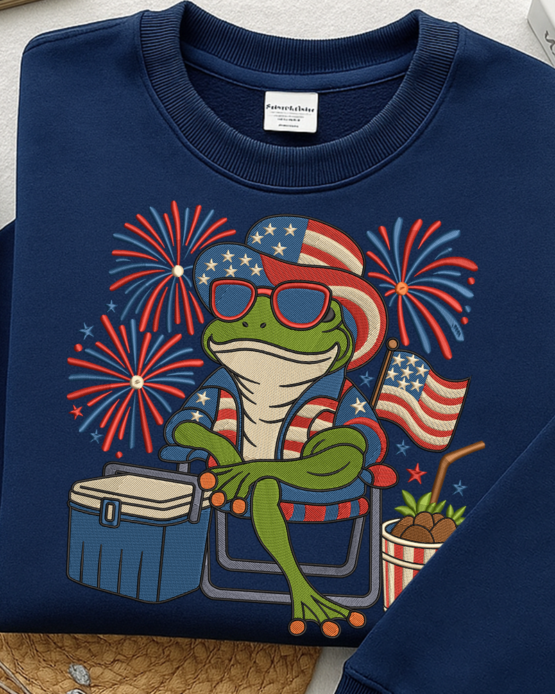 Patriotic Frog Embroidered Sweatshirt – Funny 4th of July Crewneck for Summer BBQ & Fireworks