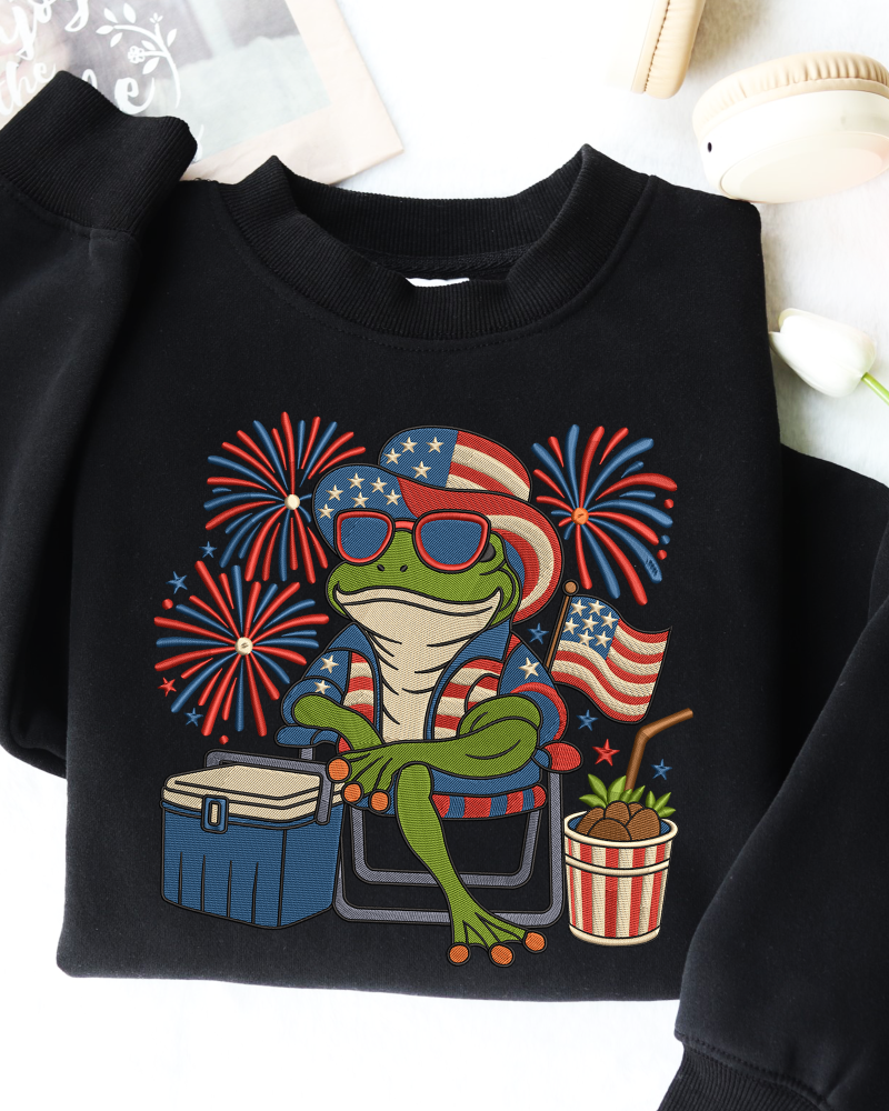 Patriotic Frog Embroidered Sweatshirt – Funny 4th of July Crewneck for Summer BBQ & Fireworks