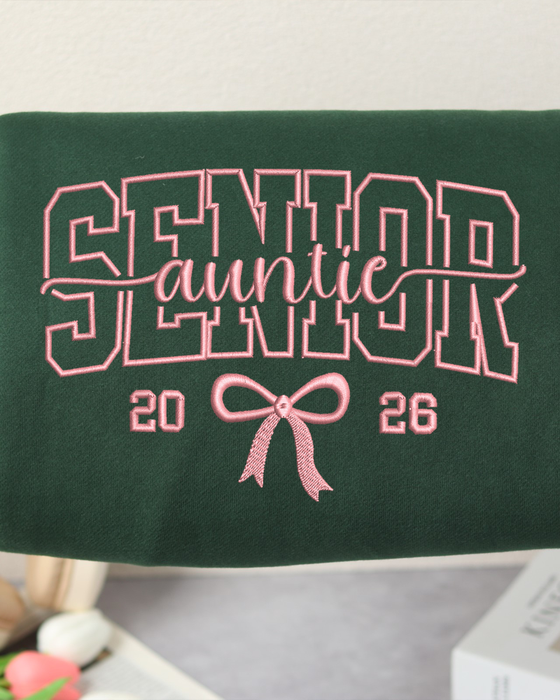 Senior 2026 Auntie Embroidered Sweatshirt – Class of 2026 Crewneck with Pink Bow Design