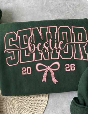 Senior 2026 Bestie Embroidered Sweatshirt – Class of 2026 Crewneck with Pink Bow Design