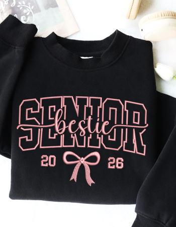 Senior 2026 Bestie Embroidered Sweatshirt – Class of 2026 Crewneck with Pink Bow Design