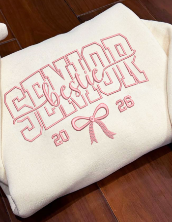 Senior 2026 Bestie Embroidered Sweatshirt – Class of 2026 Crewneck with Pink Bow Design
