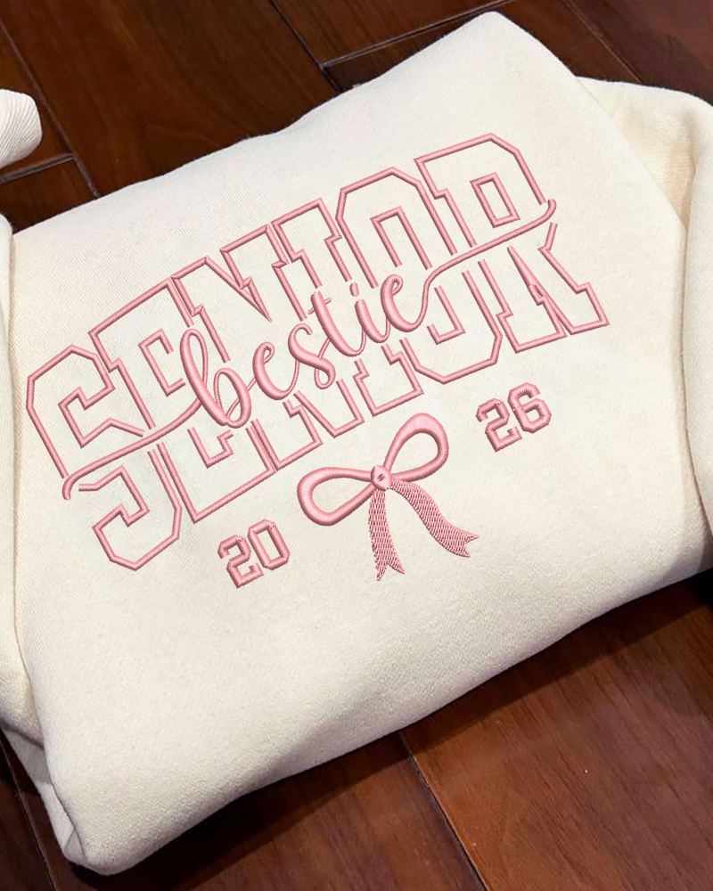 Senior 2026 Bestie Embroidered Sweatshirt – Class of 2026 Crewneck with Pink Bow Design