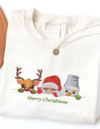 Reindeer Santa & Snowman Embroidered Sweatshirt – Merry Christmas Holiday Crewneck