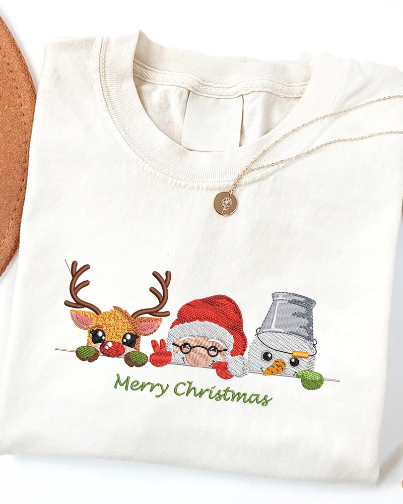 Reindeer Santa & Snowman Embroidered Sweatshirt – Merry Christmas Holiday Crewneck