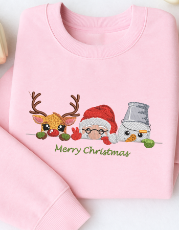 Reindeer Santa & Snowman Embroidered Sweatshirt – Merry Christmas Holiday Crewneck