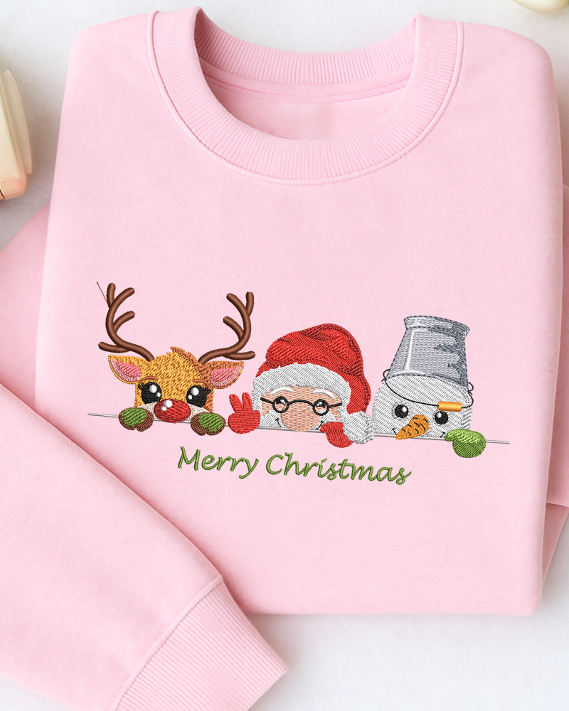 Reindeer Santa & Snowman Embroidered Sweatshirt – Merry Christmas Holiday Crewneck