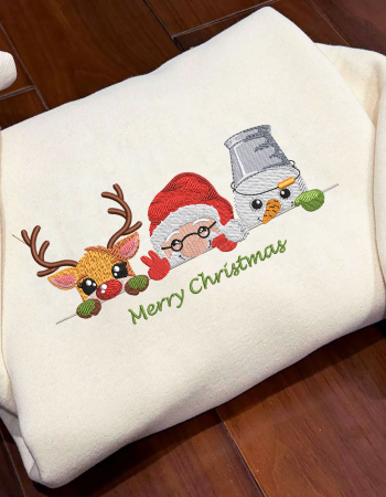 Reindeer Santa & Snowman Embroidered Sweatshirt – Merry Christmas Holiday Crewneck