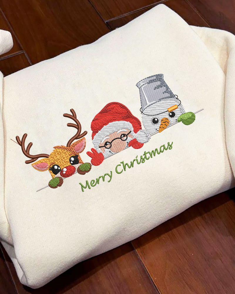 Reindeer Santa & Snowman Embroidered Sweatshirt – Merry Christmas Holiday Crewneck
