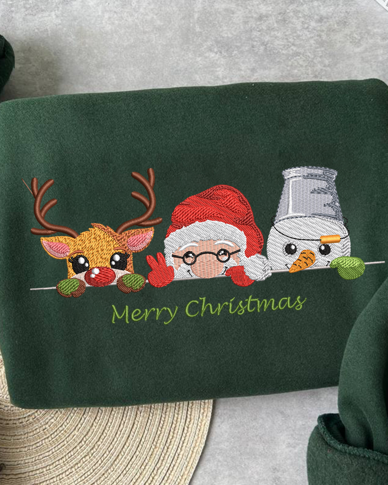 Reindeer Santa & Snowman Embroidered Sweatshirt – Merry Christmas Holiday Crewneck