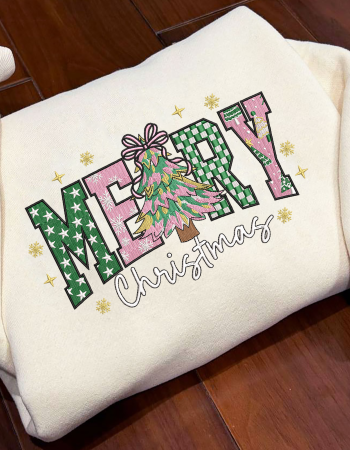 Merry Christmas Tree Embroidered Sweatshirt – Holiday Crewneck