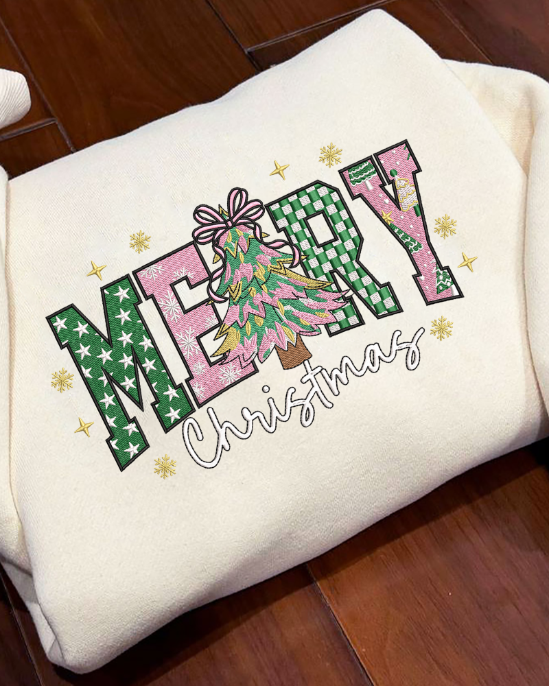 Merry Christmas Tree Embroidered Sweatshirt – Holiday Crewneck