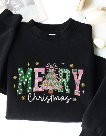 Merry Christmas Tree Embroidered Sweatshirt – Holiday Crewneck