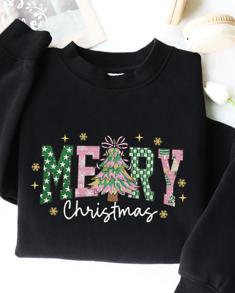Merry Christmas Tree Embroidered Sweatshirt – Holiday Crewneck