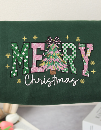Merry Christmas Tree Embroidered Sweatshirt – Holiday Crewneck