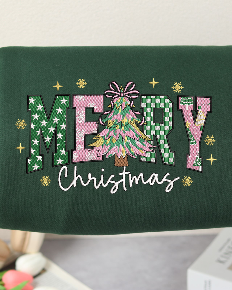 Merry Christmas Tree Embroidered Sweatshirt – Holiday Crewneck