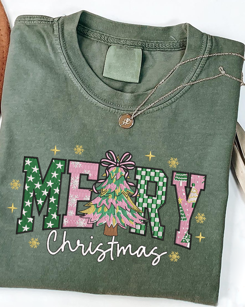 Merry Christmas Tree Embroidered Sweatshirt – Holiday Crewneck