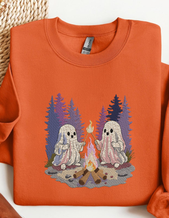 Ghosts by the Campfire Embroidered Sweatshirt – Cozy Halloween Crewneck for Fall Lovers