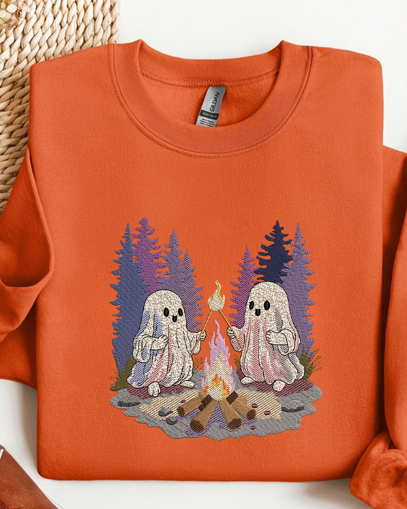 Ghosts by the Campfire Embroidered Sweatshirt – Cozy Halloween Crewneck for Fall Lovers