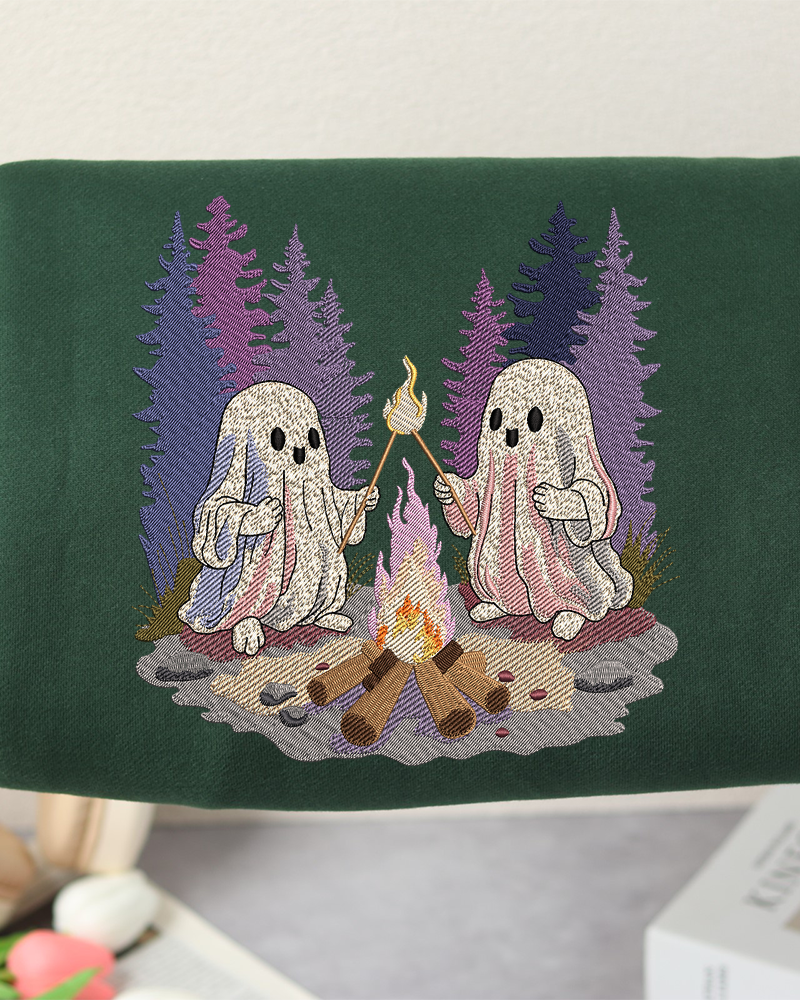 Ghosts by the Campfire Embroidered Sweatshirt – Cozy Halloween Crewneck for Fall Lovers