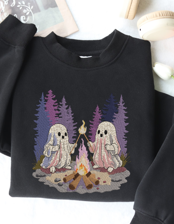 Ghosts by the Campfire Embroidered Sweatshirt – Cozy Halloween Crewneck for Fall Lovers