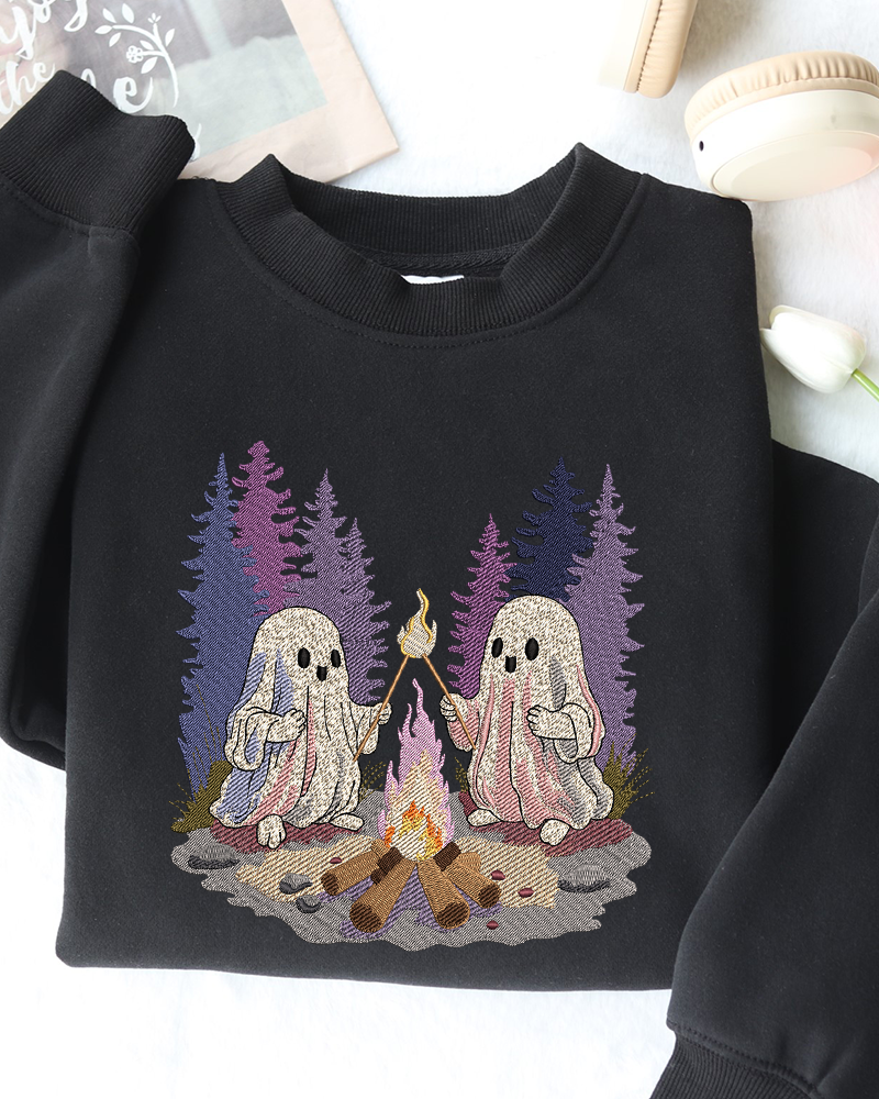 Ghosts by the Campfire Embroidered Sweatshirt – Cozy Halloween Crewneck for Fall Lovers