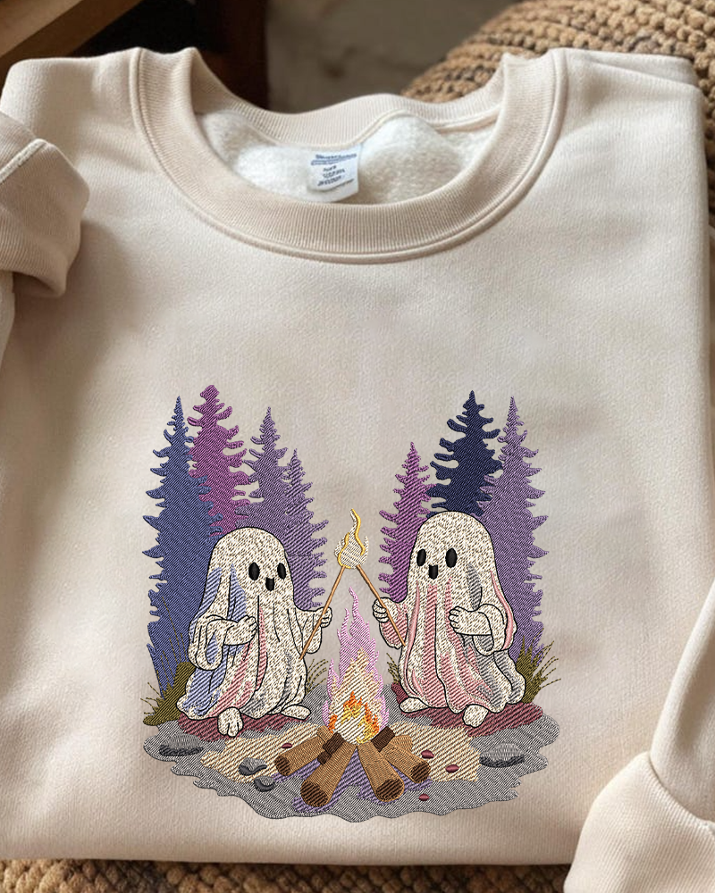 Ghosts by the Campfire Embroidered Sweatshirt – Cozy Halloween Crewneck for Fall Lovers