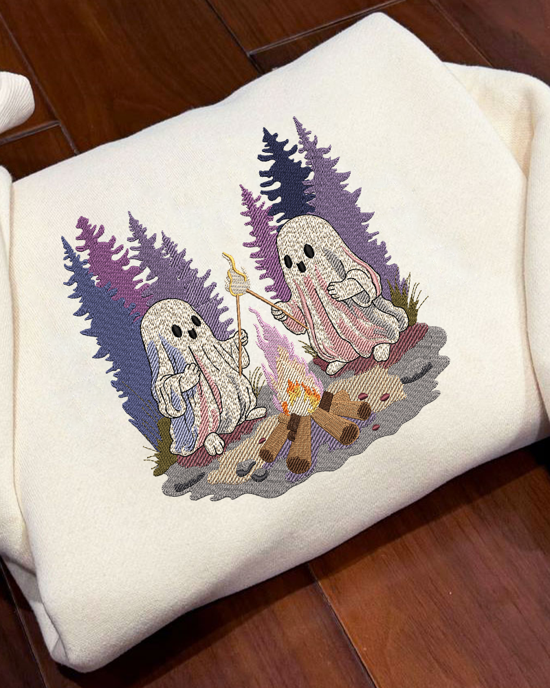 Ghosts by the Campfire Embroidered Sweatshirt – Cozy Halloween Crewneck for Fall Lovers