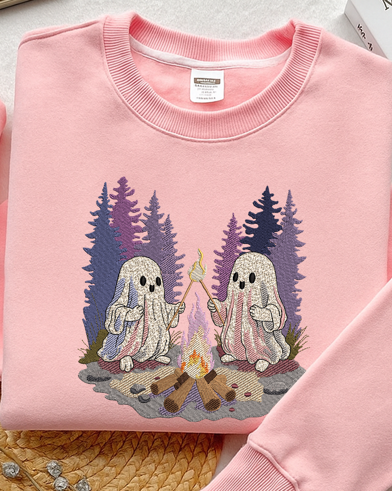 Ghosts by the Campfire Embroidered Sweatshirt – Cozy Halloween Crewneck for Fall Lovers