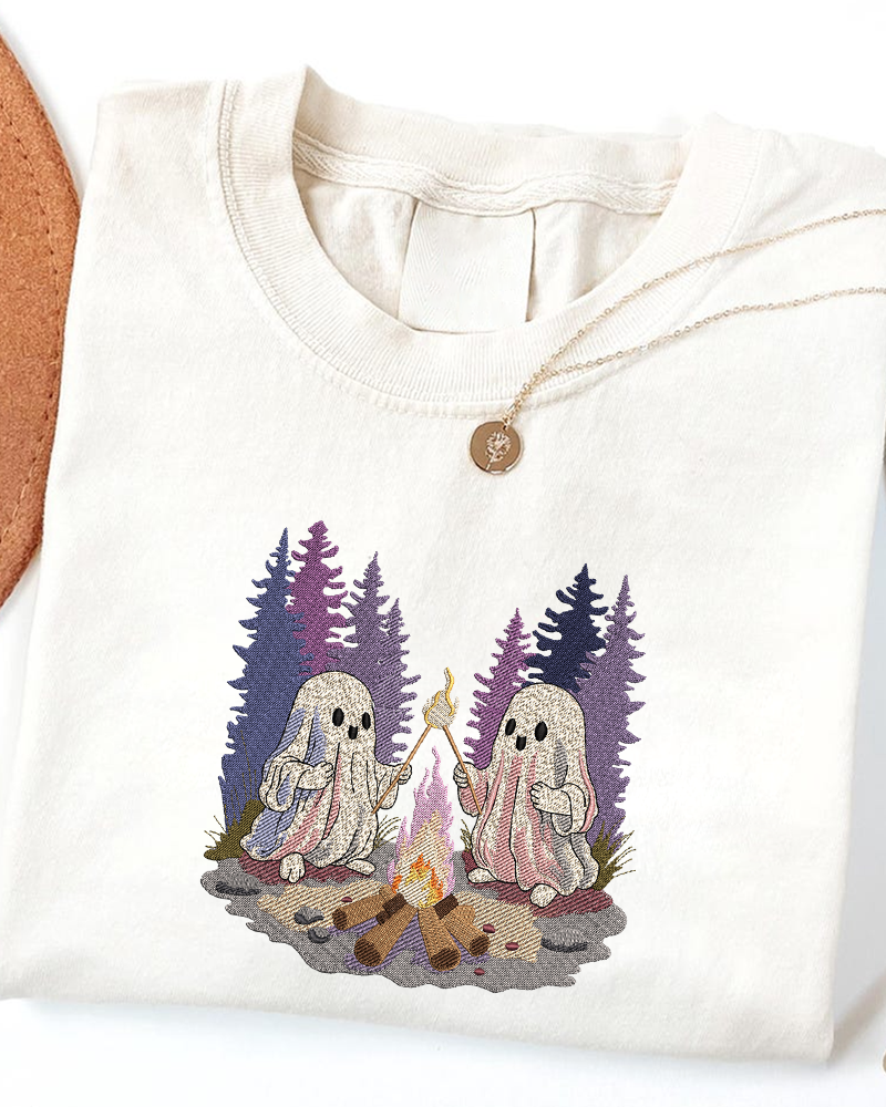 Ghosts by the Campfire Embroidered Sweatshirt – Cozy Halloween Crewneck for Fall Lovers