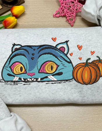 Blue Cat with Pumpkins Embroidered Sweatshirt – Cute Halloween Crewneck