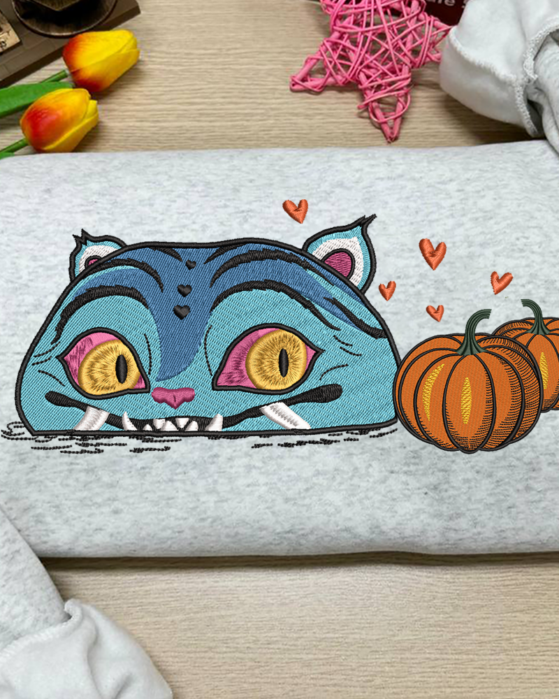 Blue Cat with Pumpkins Embroidered Sweatshirt – Cute Halloween Crewneck