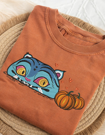 Blue Cat with Pumpkins Embroidered Sweatshirt – Cute Halloween Crewneck