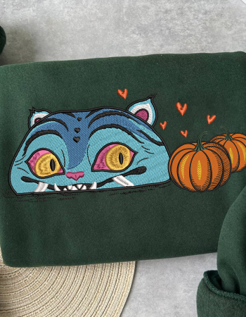 Blue Cat with Pumpkins Embroidered Sweatshirt – Cute Halloween Crewneck