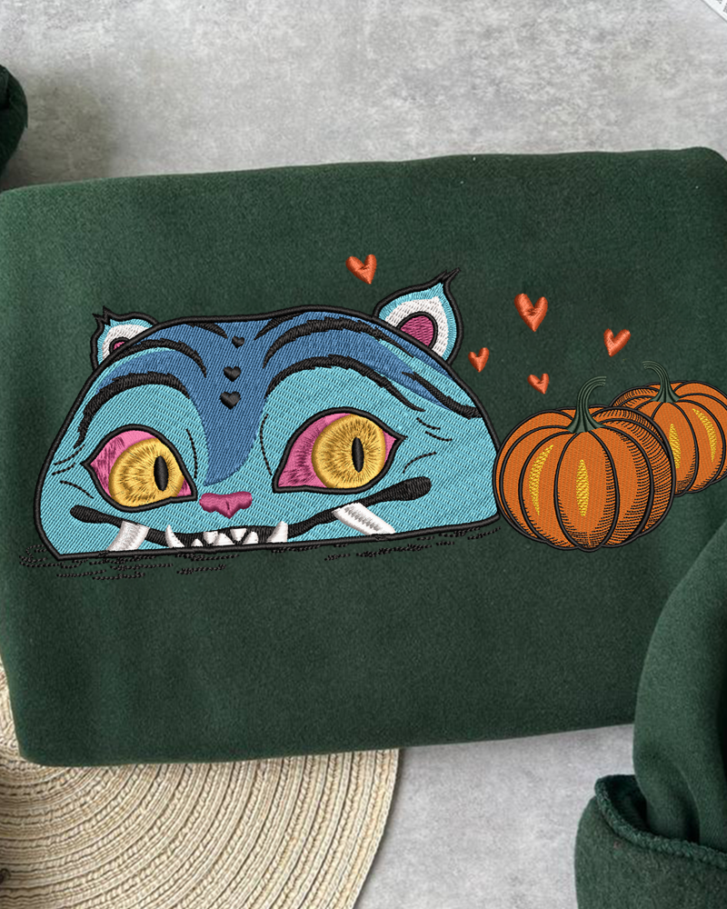 Blue Cat with Pumpkins Embroidered Sweatshirt – Cute Halloween Crewneck