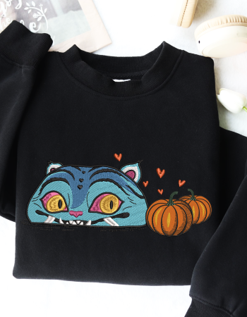 Blue Cat with Pumpkins Embroidered Sweatshirt – Cute Halloween Crewneck