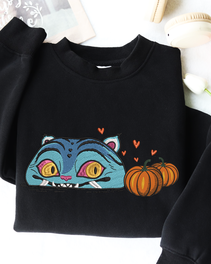 Blue Cat with Pumpkins Embroidered Sweatshirt – Cute Halloween Crewneck