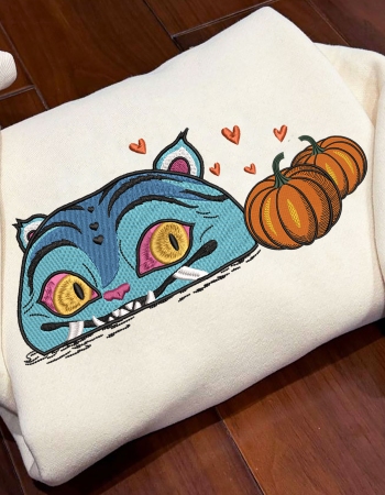 Blue Cat with Pumpkins Embroidered Sweatshirt – Cute Halloween Crewneck