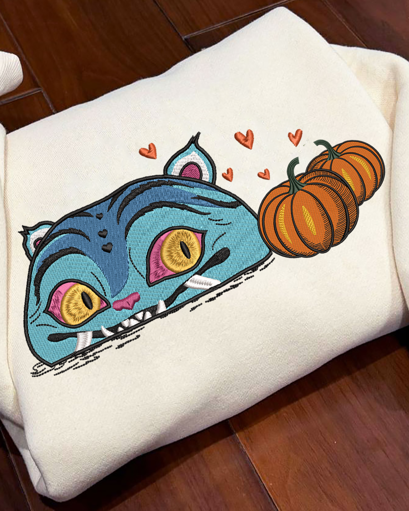 Blue Cat with Pumpkins Embroidered Sweatshirt – Cute Halloween Crewneck