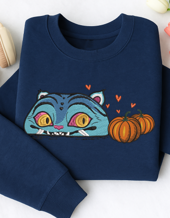 Blue Cat with Pumpkins Embroidered Sweatshirt – Cute Halloween Crewneck