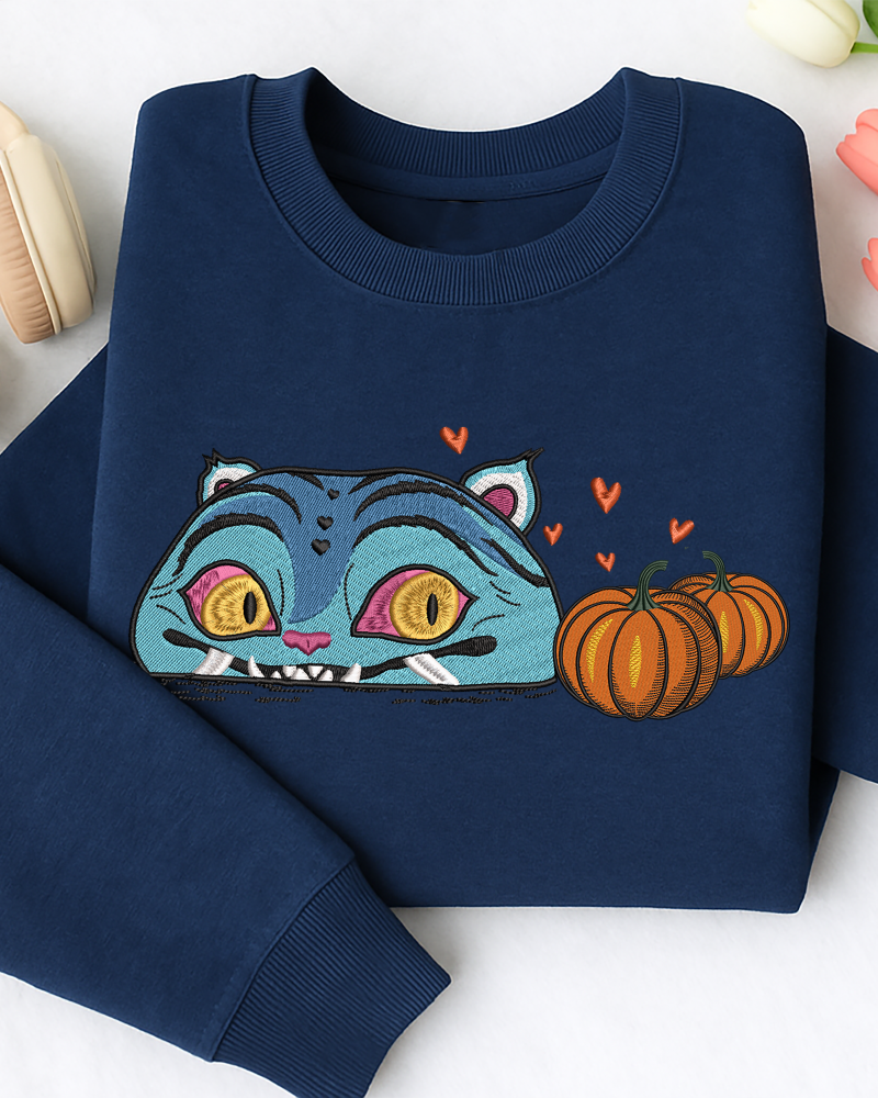 Blue Cat with Pumpkins Embroidered Sweatshirt – Cute Halloween Crewneck