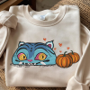 Blue Cat with Pumpkins Embroidered Sweatshirt – Cute Halloween Crewneck